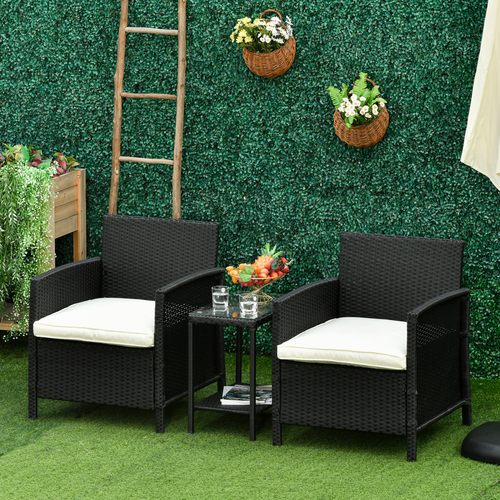 2-Seater Rattan Bistro Set with Side Table & Cushions - Black Garden Furniture